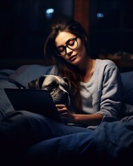 Fototapeta premium Cinematic Portrait of Woman with Dog Using Laptop in Bed. Generative AI