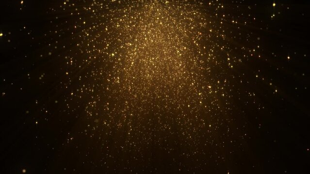 4k Gold Particles Rain. Motion Background. Golden glitter particle. Animated Overlay. Defocused bokeh. Falling down glitzy lights. 2160p. 60 fps