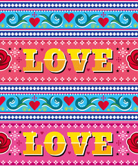 Love Pakistani and Indian truck art style vector seamless pattern with text and flowers - Valentine's Day
