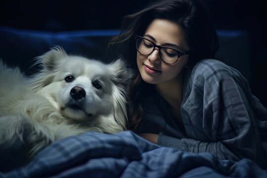 Cinematic Portrait of Woman with Dog Using Laptop in Bed. Generative AI