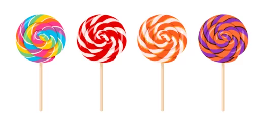 Foto op Canvas Set of colorful lollipops on wooden stick. Vector cartoon flat illustration of swirl round candy. Sweet food icons. © Sunnydream