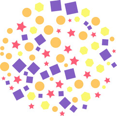 Red star, orange circle, four yellow, purple squares in a random circular pattern