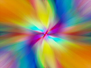 Abstract multicolored zoom effect background. Digitally generated image. Rays of versicolor light. Colorful radial blur, fast speed zooming motion, sunburst or starburst. Use for Banner Background