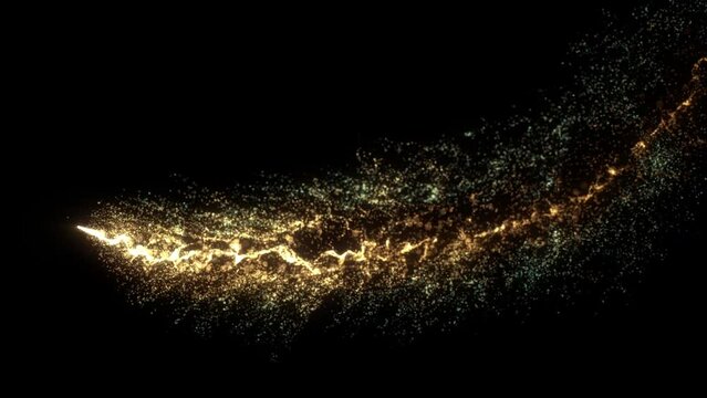 4k Gold Particles Trail. Motion Background. Golden glitter particle. Isolated on black. Animated Overlay. Defocused bokeh. Logo or text revealer. 2160p. 60 fps