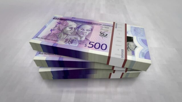 Jamaica money Jamaican Dollar money pile pack. Concept background of economy, banking, business, crisis, recession, debt and finance. 500 JMD banknotes stacks 3d animation.