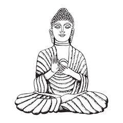 Vector Buddha stone statue hand drawn line art illustration. Meditation element for yoga and buddhism black and white