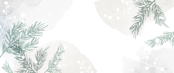 Abstract art winter background vector. Luxury invitation card background with golden lines, botanical leaves, pine, fir, watercolor. Vector invitation design and vip cover template, wall decor.