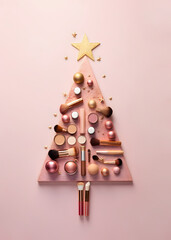 Christmas tree made of cosmetics on isolated pastel pink background. Minimal flat lay. Top view. Greeting card or xmas gift card. New Year decoration concept. Makeup fashion idea.