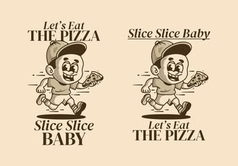 Let's eat the pizza, illustration of a little boy running and holding a slice of pizza