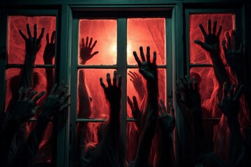 Spooky many zombie hands outside the window, red glowing light. Halloween or horror movie concept. - obrazy, fototapety, plakaty