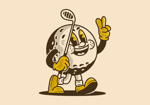 Mascot character illustration of golf ball holding a golf stick
