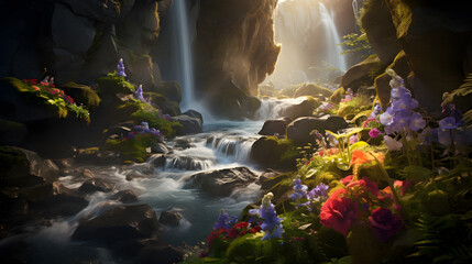 Fototapeta na wymiar Experience the majesty of a cascading waterfall surrounded by a riot of wildflowers. This awe-inspiring photograph captures the raw power of nature juxtaposed with the delicate beauty of its floral.