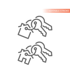 House key set line vector icon. Keys with keyring and home charm outline.