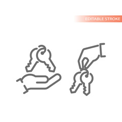 Hand holding keys on keychain line vector icon. Buying a house, real estate keyring symbol.