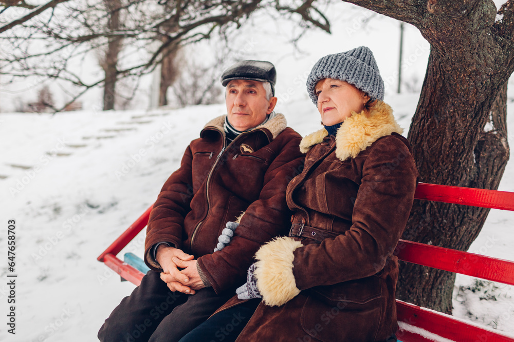 Wall mural Senior family couple sitting on bench outdoors during snowy winter weather. Elderly retired people admire view