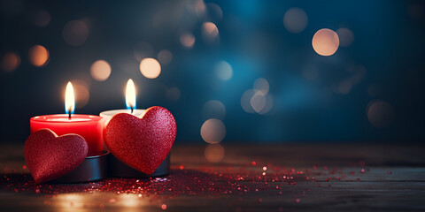 Romantic candles on wooden background, love concept,Valentine's day romantic background with hearts and candles. holiday background with hearts. celebrating weddings  - obrazy, fototapety, plakaty