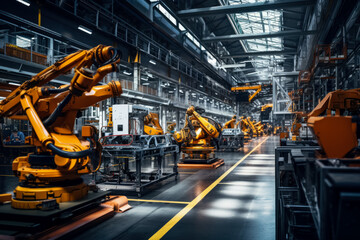 A chaotic factory floor showing malfunctioning robotic machines with an industrial backdrop providing empty space for text 