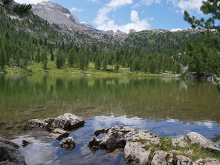 Le Vert Lake near the Lavarella Hut in the Greenery of the Fanes - Sennes - Braies Nature Park, Alpi Mountains, Italy