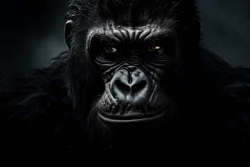 Fototapeta na wymiar A close-up photo of a fierce and intense gorilla staring into the distance background with empty space for text 