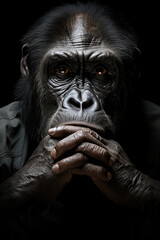 A close-up photo of a fierce and intense gorilla staring into the distance background with empty space for text 