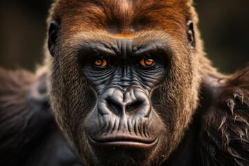 Obraz premium A close-up photo of a fierce and intense gorilla staring into the distance background with empty space for text 