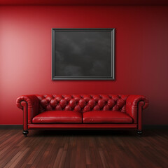 Fotografia con detalle de sofa de cuero en color rojo, con cuadro de color negro y pared pintada en color rojo