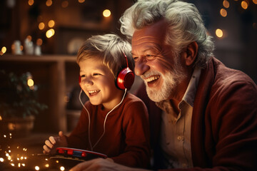 Cheerful grandfather together with grandson playing game on console, laughing little boy in headphones and grandpa having fun in room. Family positive lifestyle