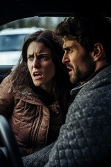 A woman and a man glaring at each other from their car windows in a heated traffic altercation 