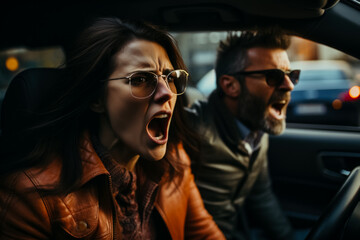 A woman and a man glaring at each other from their car windows in a heated traffic altercation 