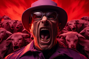An angry farmer trying to herd stubborn sheep against a vibrant gradient backdrop of fiery red and calming purple tones  - obrazy, fototapety, plakaty