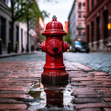 Fotografia de hidrante de agua para emergencias, con pintura de color rojo, sobre calle urbana con adoquines