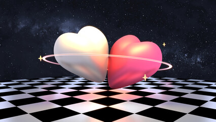 3d rendered romantic bonding hearts on black and white checkered pattern floor.