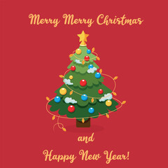 Cartoon Christmas tree in snow on red background. Merry Christmas and Happy New Year postcard red background