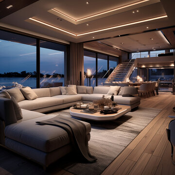 Fondo con detalle de sal&oacute;n moderno de un yate lujoso, con tonos calidos y vistas al mar