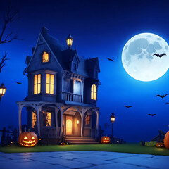 Fototapeta na wymiar Pumpkins In Graveyard In The Spooky Night - Halloween Backdrop 