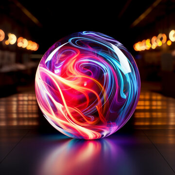 Fotografia de bola de jugar a bolos con lineas sinuosas de diferentes colores intensos como decoraci&oacute;n