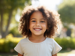 A close-up photo portrait of a smiling little girl taken outdoors, generated by AI