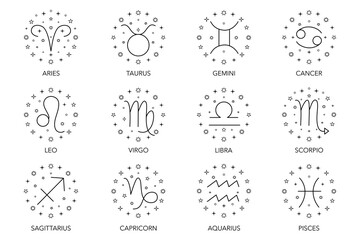 Collection of symbols of zodiac sign on white background.