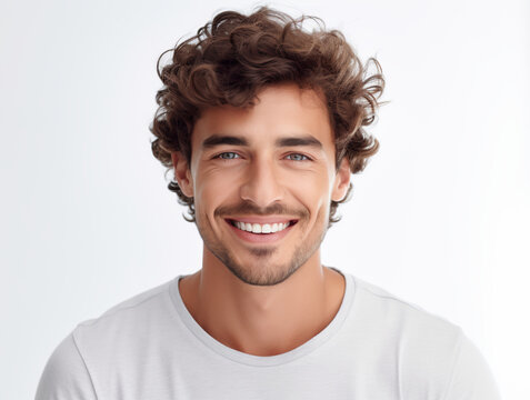 A close-up photo portrait of a handsome man, smiling and displaying clean teeth. Generative AI