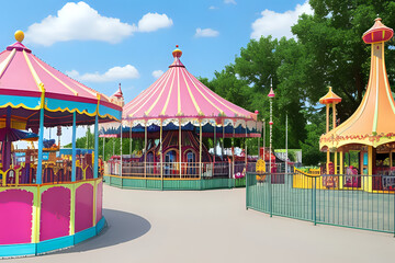 Amusement park with carousels and attractions for children. Panoramic blue sky view vacation park