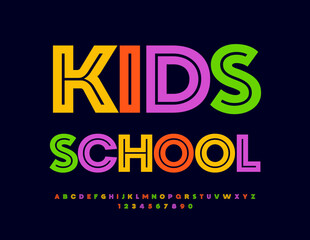 Vector creative sign Kids School. Bright colorful Font. Modern Alphabet Letters and Numbers