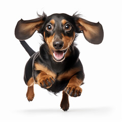 Jumping dachshund dog isolated on white background