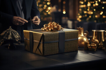 A minimalistic black room with friends exchanging beautifully wrapped gold presents, capturing the joy of gift-giving during the holidays. Generative Ai