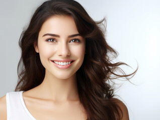 a closeup photo portrait of a beutiful young woman with long hair smiling with clean teeth. Generative AI