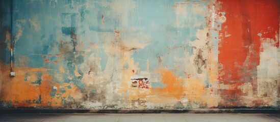 Colorful vintage advertisements on abstract art walls with various backgrounds and textures