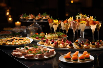 buffet food, catering food party at restaurant, mini canapes, snacks and appetizers