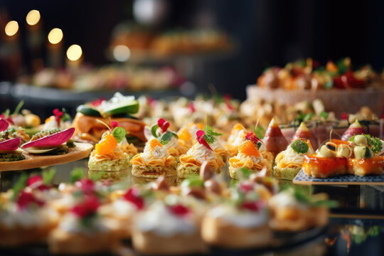 buffet food, catering food party at restaurant, mini canapes, snacks and appetizers
