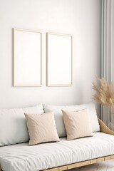 Fototapeta na wymiar Mockup frame in interior background, room in light pastel colors, Scandi-Boho style, 3d render, Generative AI