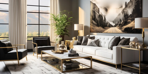 Luxurious furnished Living room, spacious cozy sofa, black and white monochrome palette, elegant interior design