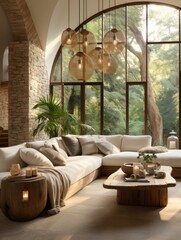 Open space interior with modular sofa, wooden coffee table, big window, patterned pillows, braided plaid, stylish lamp, beige coffee table